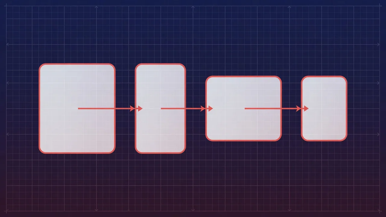 Ilustrasi abstrak 4 blok geometrik horizontal dengan tanda panah penghubung di atas latar navy, diagram framework PREP