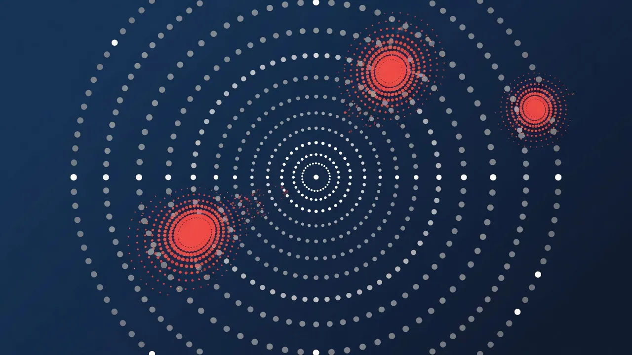 Ilustrasi abstrak pola titik-titik radial menyebar dengan zona highlight coral di latar navy, representasi heat map audience awareness